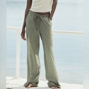 ZARA Sage Green Pull On Drawstring Lightweight Wide Leg Crinkle Pants XS